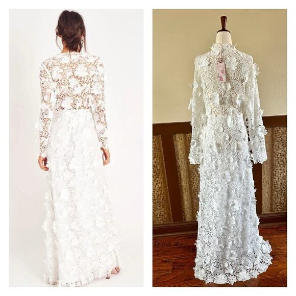 LoveShackFancy Bridal Sylvester Lace Guipure Plunge V Wedding Gown Size 14 NWT - Picture 5 of 14